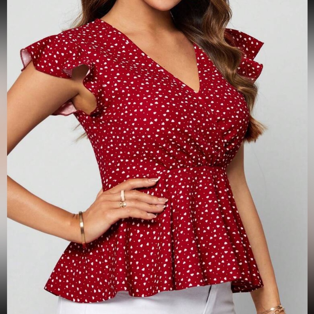 Red Heart Print Plunge V Neck Top Blouse Shirt - Picture 1 of 6